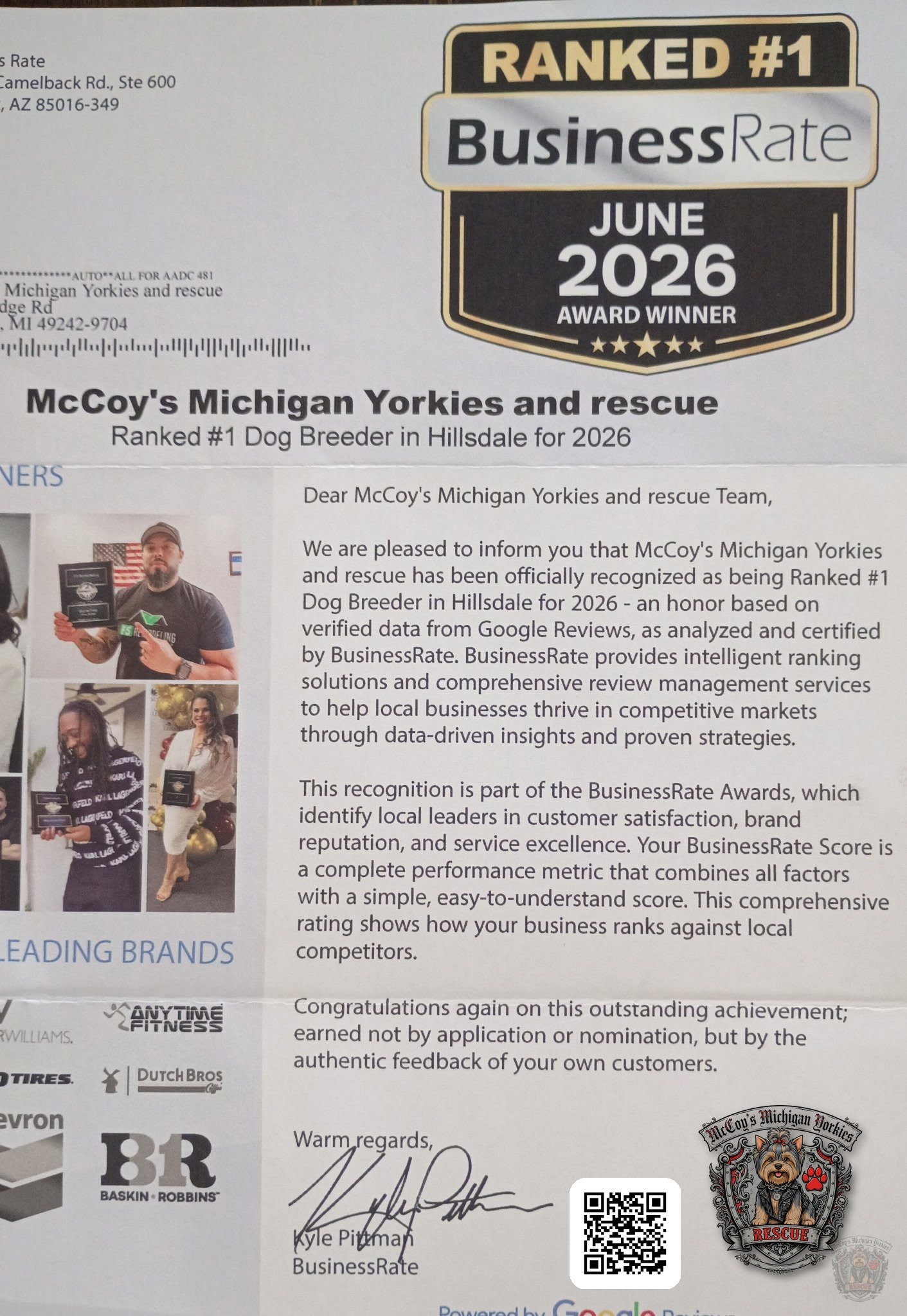 BusinessRate June 2026 award letter recognizing McCoy's Michigan Yorkies and Rescue as the number one dog breeder in Hillsdale for 2026