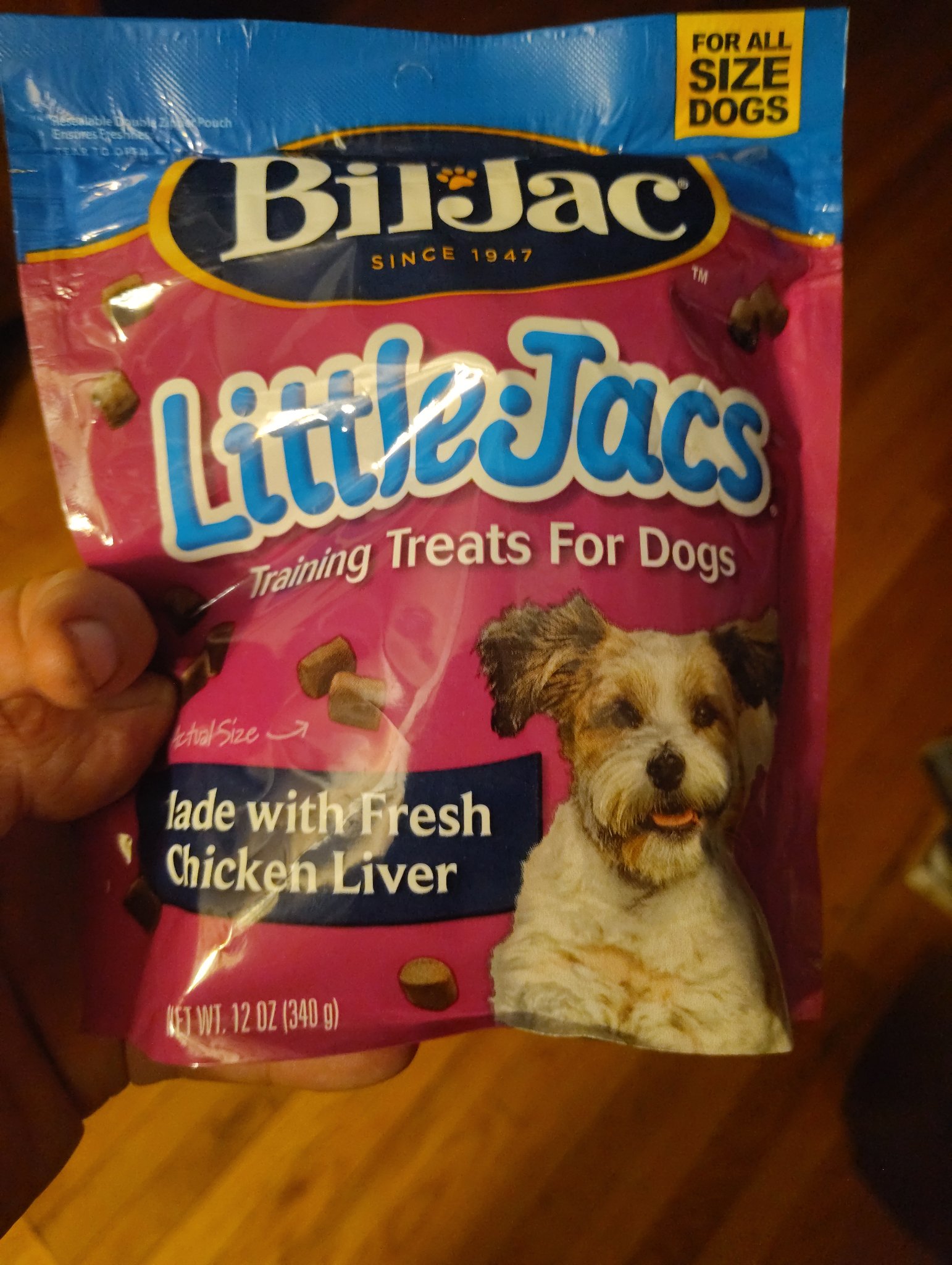 A bag of Bil-Jac Little Jacs training treats