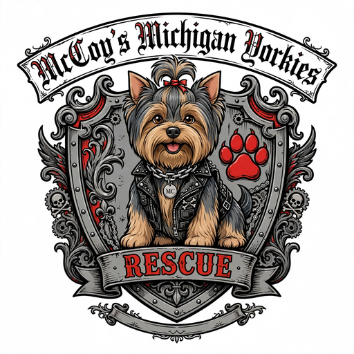 McCoy's Michigan Yorkies logo — a friendly biker Yorkshire Terrier with a rescue shield